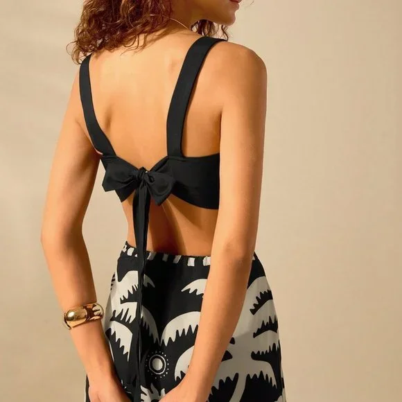 Black Boho Women's Coconut Print Cropped Cami Top And Fitted Maxi Skirt Set - Picture 2 of 7